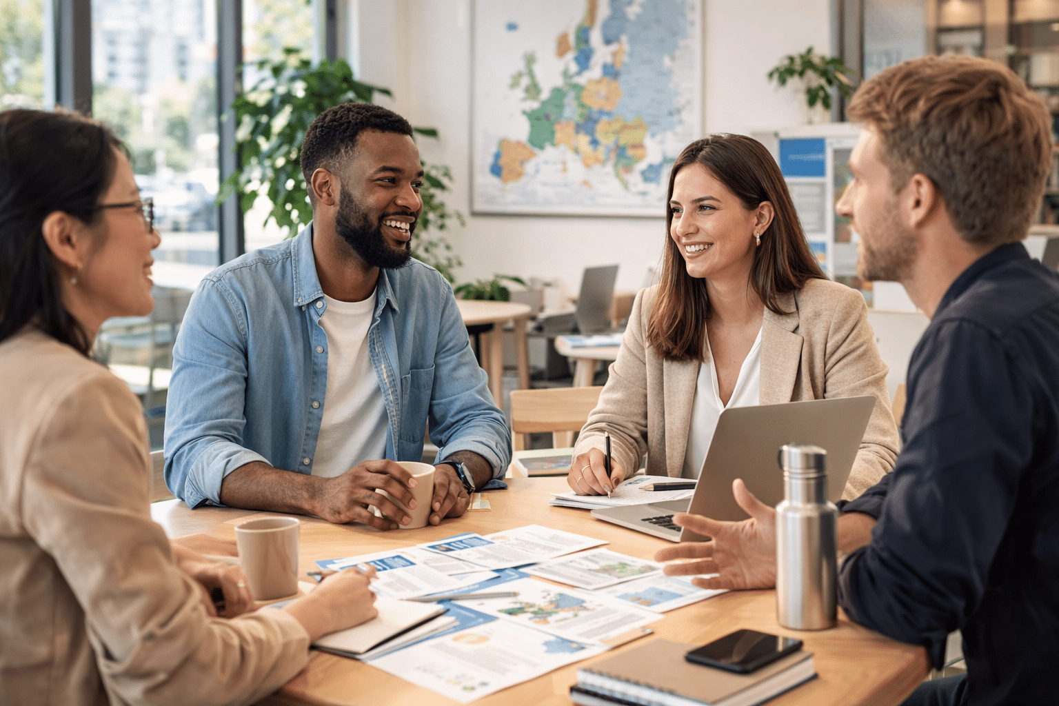 eine Gruppe junger Menschen sitzt an einem Besprechungstisch