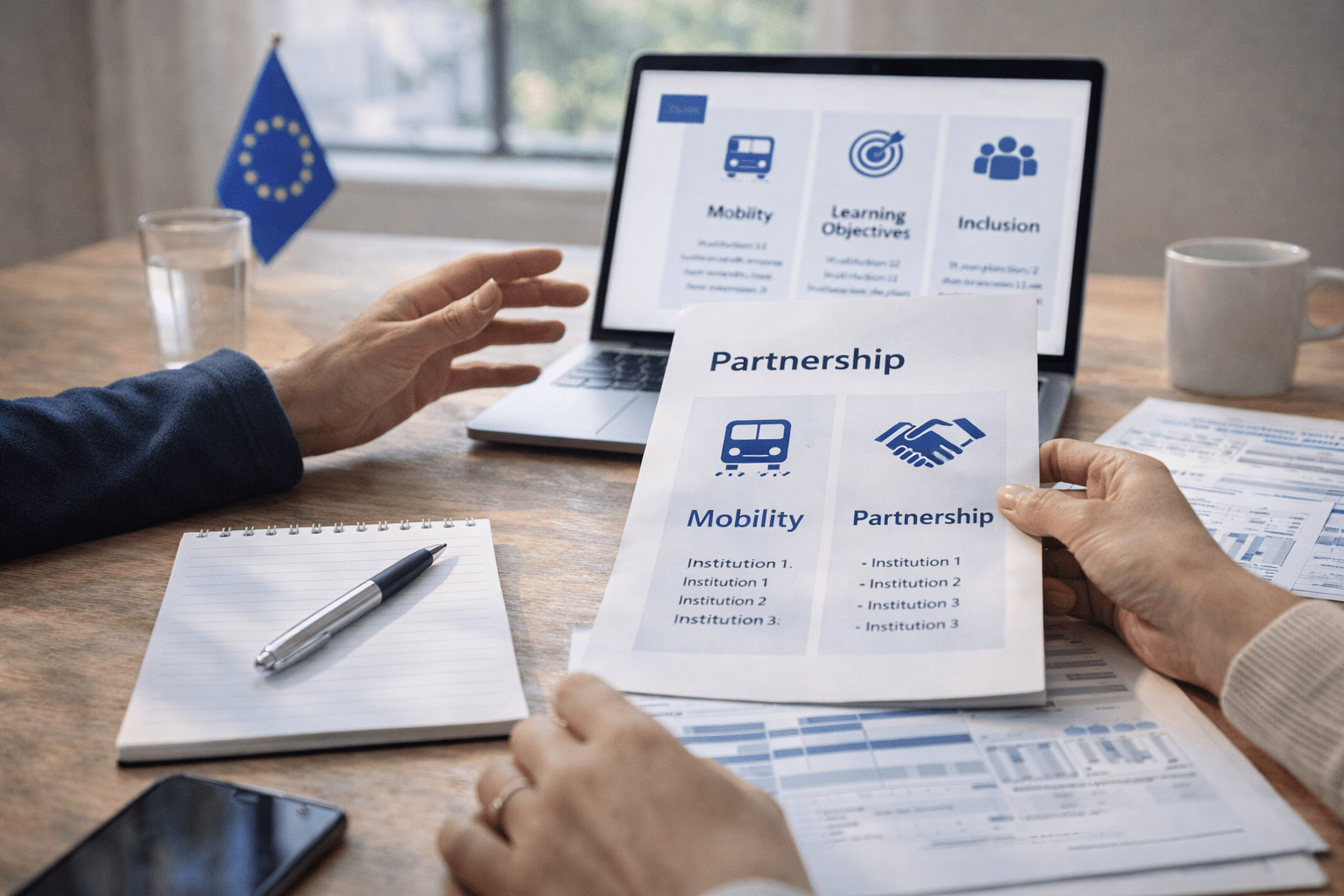 Erasmus+ Besprechung Zusammenarbeit Besprechungstisch mit Laptop und Unterlagen zu Erasmus+