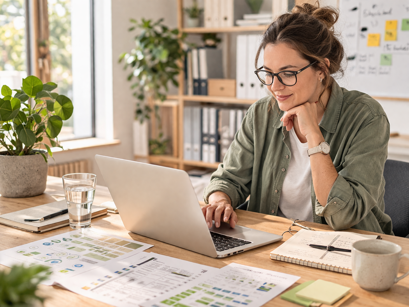 Eine junge Frau sitzt bei ihrem Arbeitstisch und hat einen Laptop vor ihr