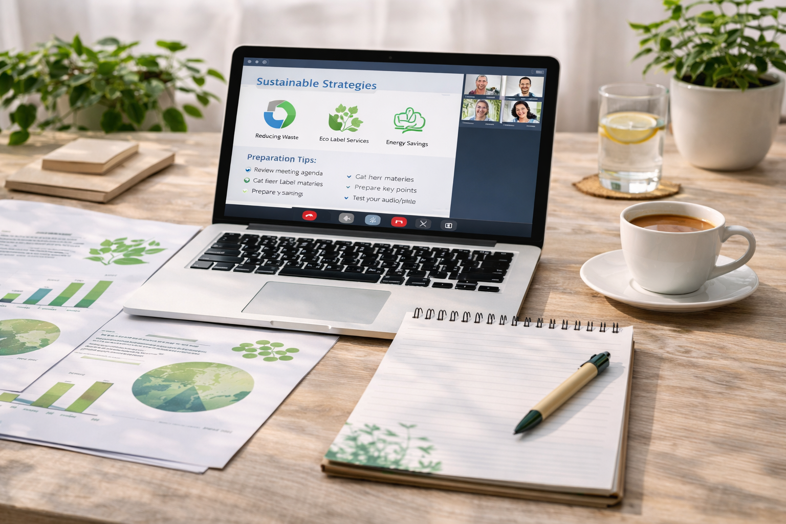 Nachhaltigkeit Workshop Online Schreibtisch mit Laptop auf dem ein Onlinemeeting läuft, Unterlagen und Block