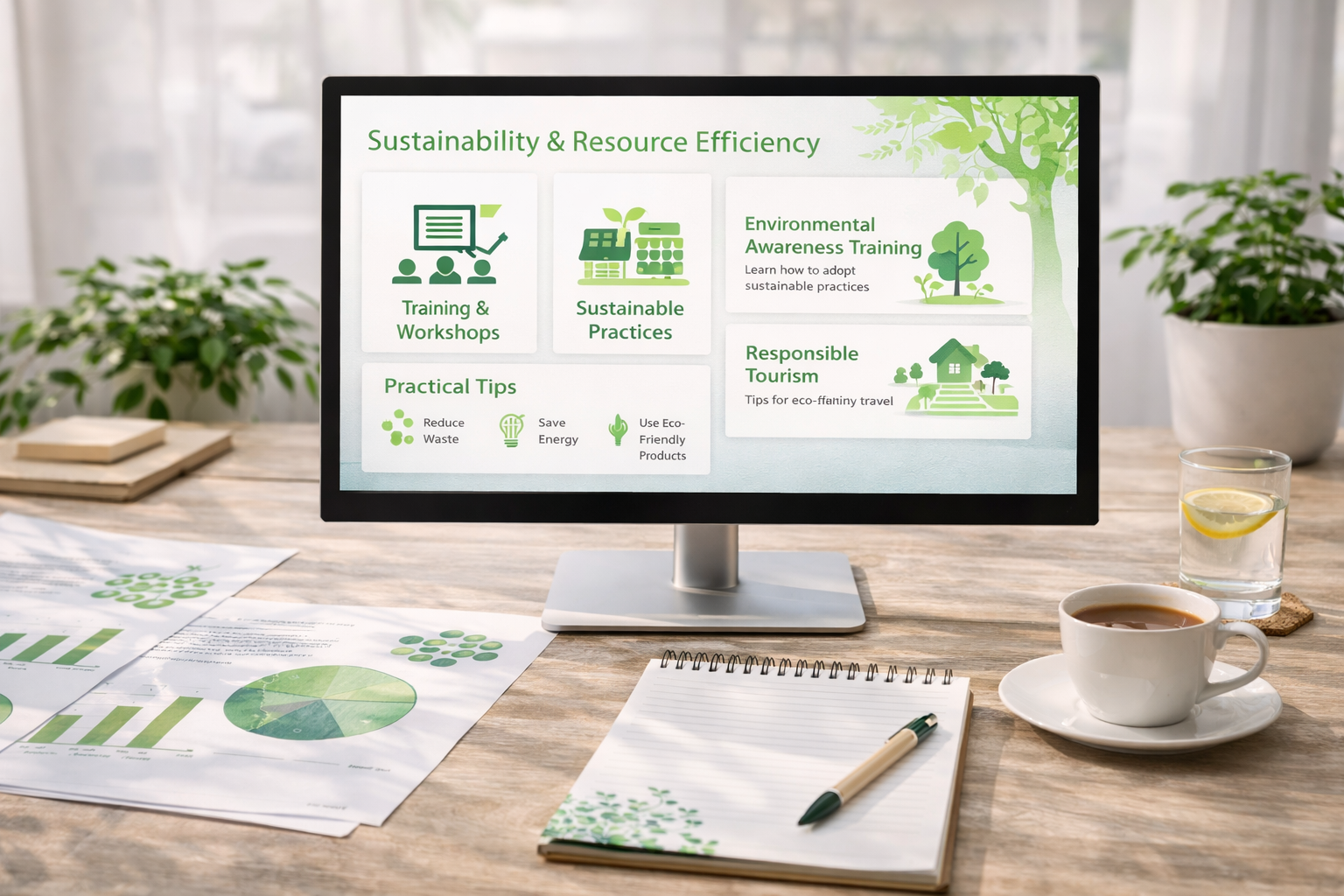 PC mit Präsentation zur Nachhaltigkeit, Unterlagen am Schreibtisch